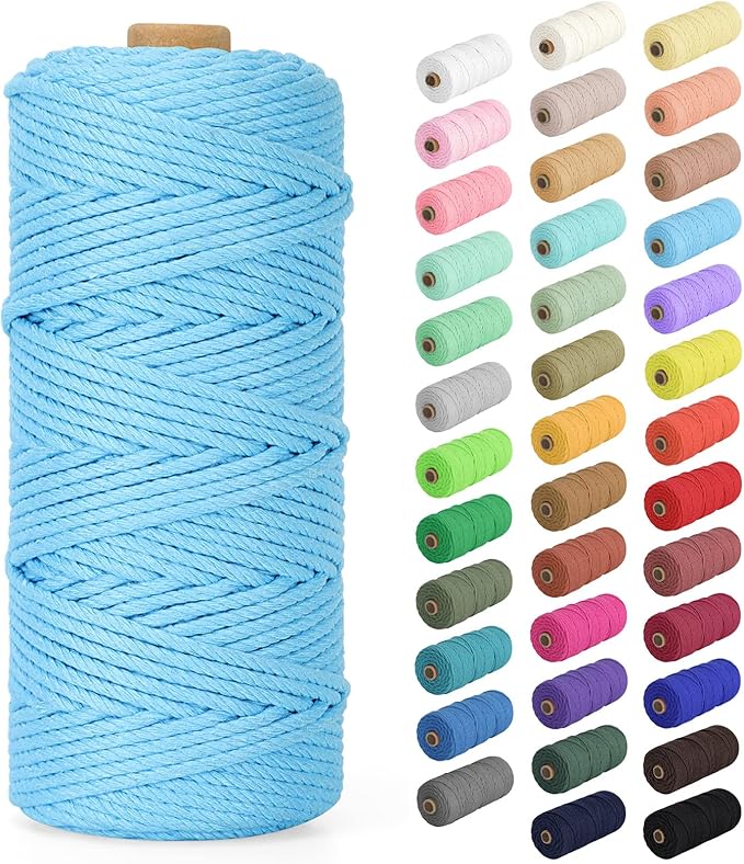 Macrame Cord 3mm x 109Yards (328Feet), Natural Cotton Macrame Rope - 4 Strands Twisted Macrame Cotton Cord for Wall Hanging, Plant Hangers, Crafts, Gift Wrapping and Wedding Decorations, Sky Blue