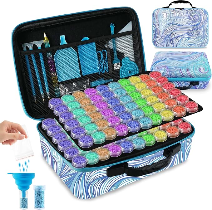 Tavolozza Fine Arts Diamond Painting Storage Containers, 120 Slots Diamond Painting Accessories and Tools with Jars for Beads, Portable Diamond Art Organizer Case, Diamond Art Kit Storage Box, Blue
