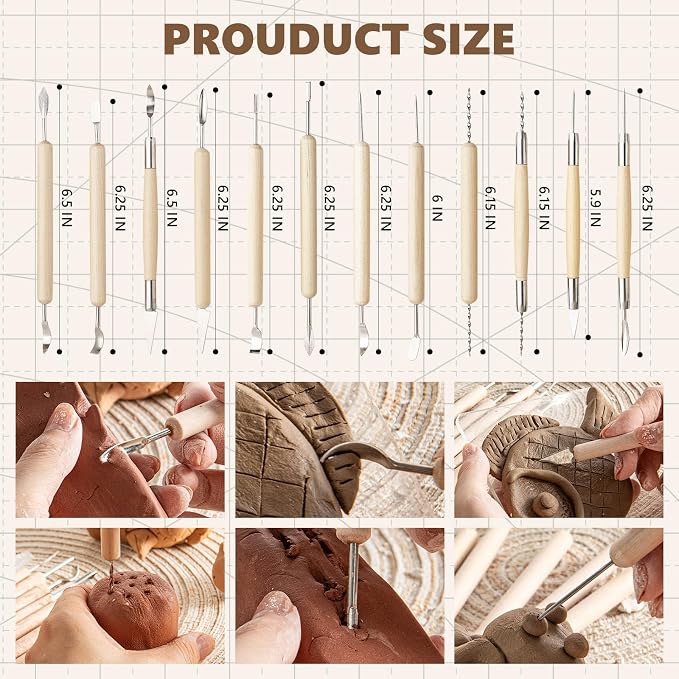 22PCS Wooden Pottery Sculpting Tools, Wood Clay Cleaning Tool Set, Ceramic Modeling Tool for Carving, Molding, Cutting, Trimming, Pottery Wheel, Crafting Supplies, Beginners, Adults, Students