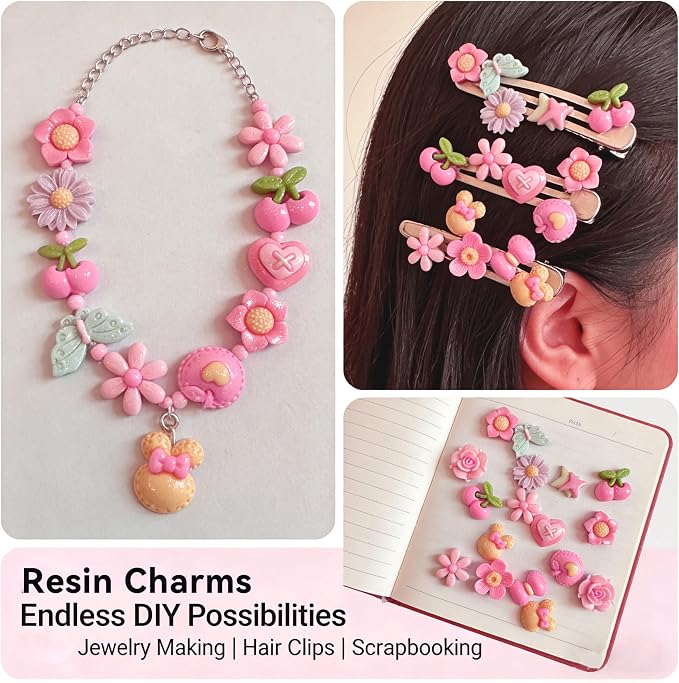 100Pcs Shimmery Pink Solid Resin Charms for Slime - Flatback DIY Cream Glue Accessories, Kawaii Embellishments for Phone Case Decor, Scrapbooking, Jewelry Making, Hair Clips - Random Mixed Styles