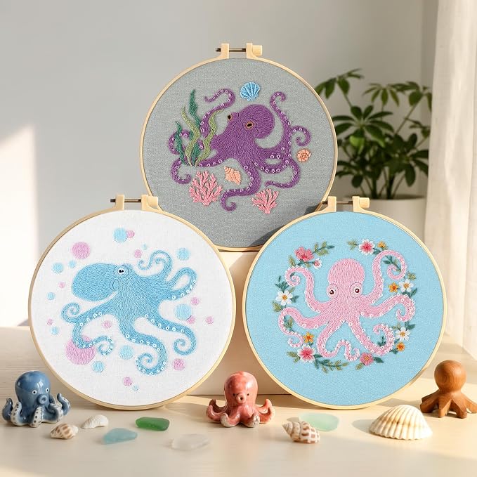Mindsoft 3 Set Needlepoint Kit for Beginners with Hoop,Octopus | Bamboo Hoop Thread Needles Instructions, Easy Hand Embroidery for Beginners Home Crafts,Pre-stamped Funny Cute Designs