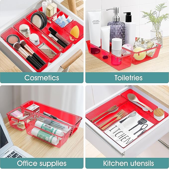 25 PCS Plastic Drawer Organizer Set, Makeup Organizers and Storage Bins | 4 Sizes Desk Drawer Divider Organizers and Storage Bins for Jewelry, Gadgets for Kitchen, Bedroom, Bathroom, Office, Red
