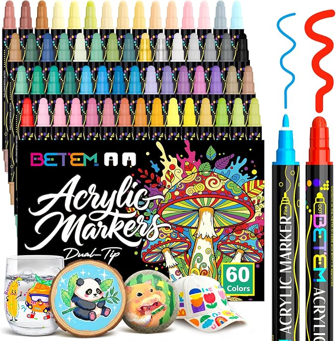Betem 60 Colors Dual Tip Acrylic Paint Markers, Fabric Decorating Kits | Premium Water-Based Acrylic Paint Pens Art Supplies for Fabric, Rock, Wood, Glass, Canvas, Ceramic, School Supplies