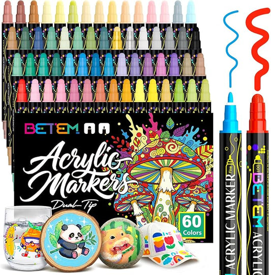 Betem 60 Colors Dual Tip Acrylic Paint Markers, Fabric Decorating Kits | Premium Water-Based Acrylic Paint Pens Art Supplies for Fabric, Rock, Wood, Glass, Canvas, Ceramic, School Supplies