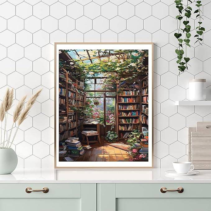 Bookshelf Paint by Number for Adult, Paint by Numbers for Adults Landscape | Scenery Paint by Numbers, Paint by Numbers for Adults Beginner for Gift Home Wall Decor (Bookshelf, 16x20 inch) Frameless