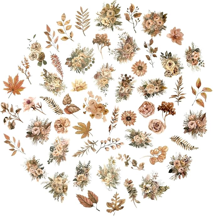 100 Pcs Autumn Flower Stickers for Scrapbooking Junk Journal Card Making CollageNotebook Diary Planner Letter Envelope Water Bottle Phone Case Craft Decoration (Autumn)