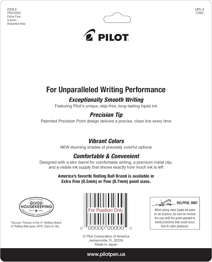 PILOT Precise V5 Capped Rollerball Pens, Assorted Colors, Pack of 10