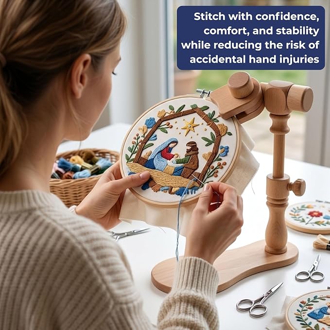 Embroidery Hoop Stand - 360 Degree Adjustable Sitting Embroidery Stand with Needle Tube- Versatile Cross Stitch Frame with Display Bases and Large-Eye Stainless Steel Needles