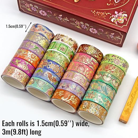 Washi Tape Set 24 Rolls Gold Foil Floral - Gift Box for Scrapbooking