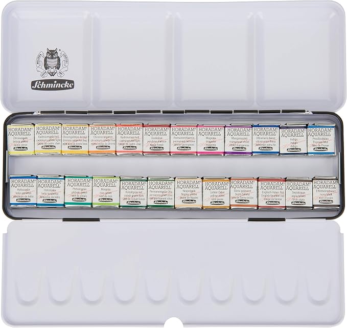 Schmincke - HORADAM AQUARELL color box with 24 finest watercolors, 74424097, black metal box, painting set, premium watercolors, 24 x 1/2 pans