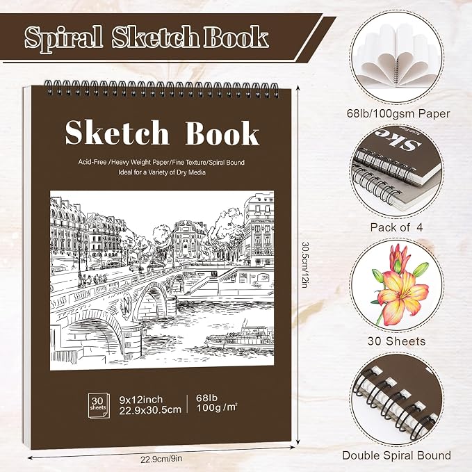 4 Pack Sketch Books 9 × 12 in, Top Spiral, 30 Sheets Each, Drawing Pad | 100gsm Acid-Free Paper, Hardcover with Rigid Backboard, Lay-Flat Top Spiral, for Sketching, Drawing & Dry Media