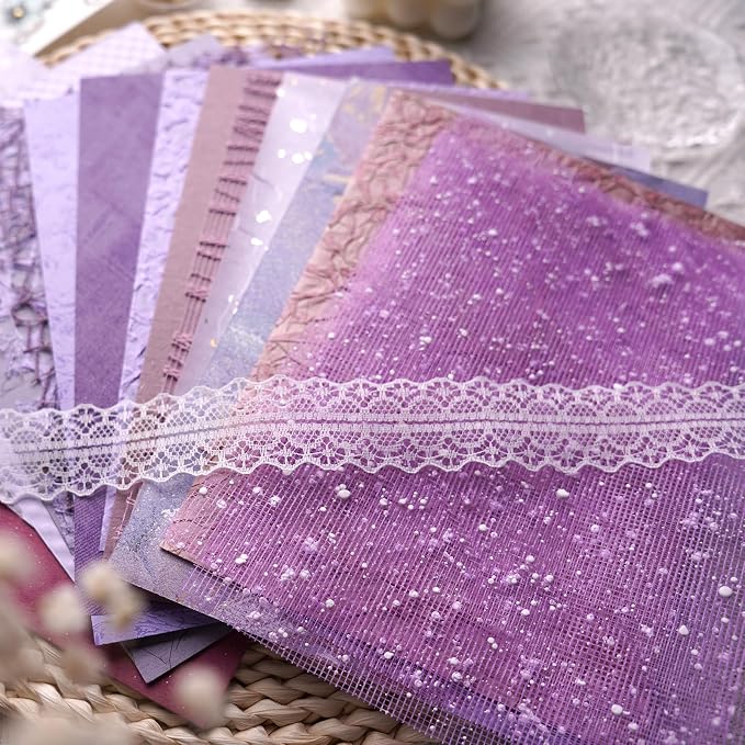 15Pcs Handmade Scrapbook Art Paper Craft Textured Colorful A5 sheet Mesh Special Paper Mix for Scrapbooking Junk Journal Journaling Supplies DIY Materials,5.8x8.2 inches (Purple)