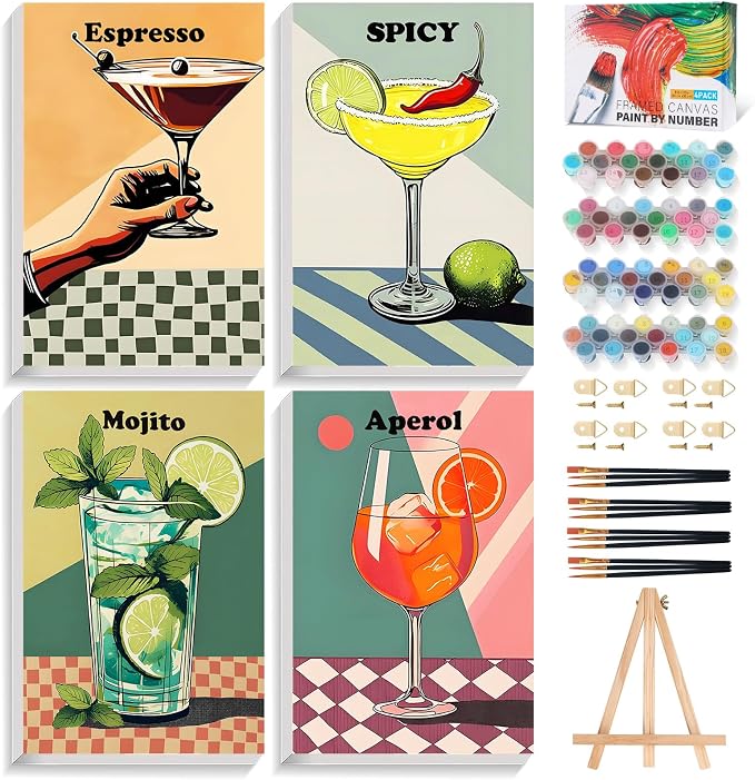 4 Pack Framed Paint by Numbers Kit for Adults with Wooden Easel, 8x12 Inch | Retro Cocktail, Easy DIY Acrylic Canvas Craft Kit with Frame for Beginners, Home Decor, Stress Relief Relaxing Hobby Gift
