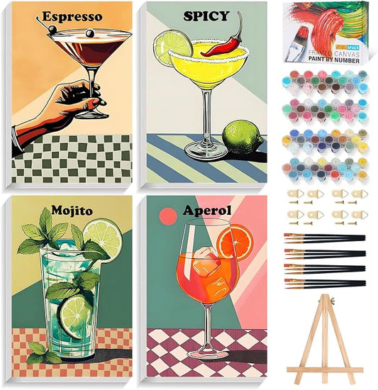 4 Pack Framed Paint by Numbers Kit for Adults with Wooden Easel, 8x12 Inch | Retro Cocktail, Easy DIY Acrylic Canvas Craft Kit with Frame for Beginners, Home Decor, Stress Relief Relaxing Hobby Gift