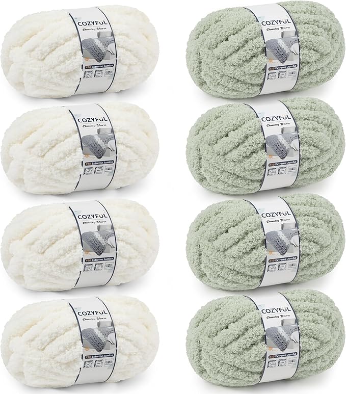 Cozyful Chunky Yarn for Hand Knitting - #10 Chunky Chenille Yarn, Jumbo Big Thick Chunky Yarns for Crocheting, Super Bulky Chunky Knit Blanket Yarns, 8 Skein (22yd, 8oz/Skein), Cream & Sage