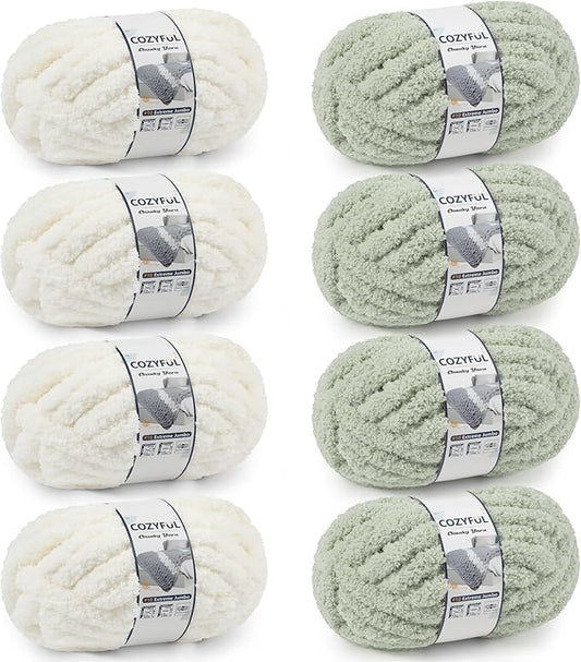 Cozyful Chunky Yarn for Hand Knitting - #10 Chunky Chenille Yarn, Jumbo Big Thick Chunky Yarns for Crocheting, Super Bulky Chunky Knit Blanket Yarns, 8 Skein (22yd, 8oz/Skein), Cream & Sage