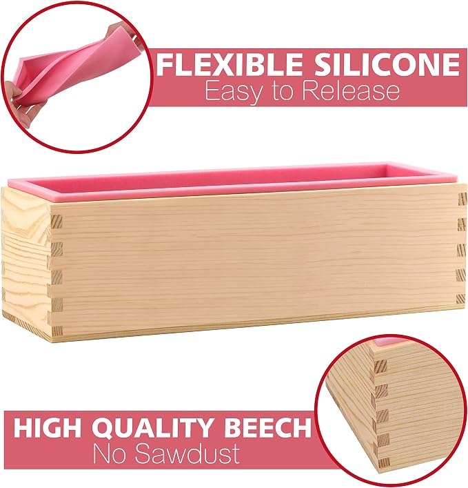 LERYKIN Rectangular Soap Mold Kit with Cutter- 42oz Flexible Silicone Loaf Soap Mold with Wood Box, Stainless Steel Wavy & Straight Scraper for Homemade Craft Soap Making Supplies