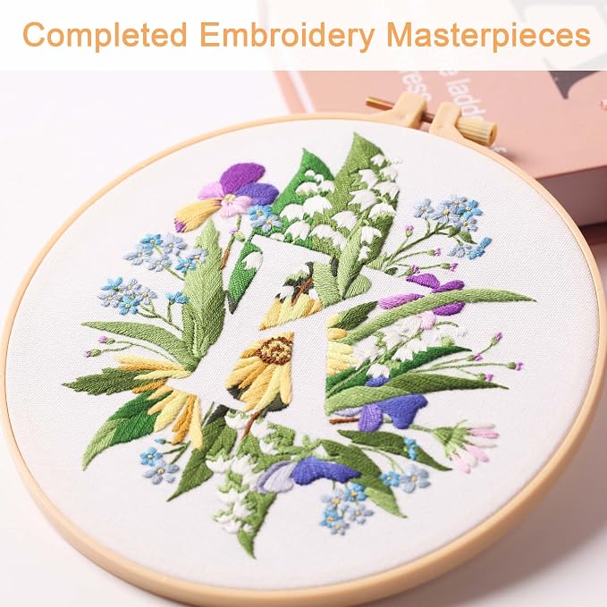 Harimau Letter K Pattern Embroidery Kit for Adult Beginners, Complete Starter Pack with 1 Hoop, Needles, Instruction Guide & Embroidery Stitch Video Tutorials