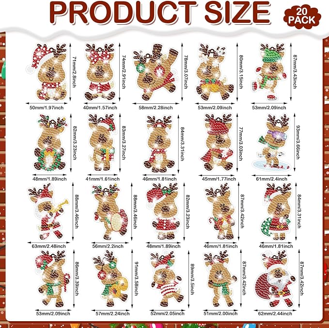 Tondiamo 20 Pcs Christmas Diamond Painting Keychain Kits 5D DIY Diamond Art Pendants Double Sided Hanging Key Chains for Christmas Party Decoration DIY(Deer Style)