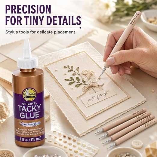 Aleene's Original Tacky Glue Craft Glue - 4Ounce, Quick Dry Tacky Glue for Crafts, Paper, Felt, Wood, Foam, Fabric - All Purpose Precision Craft Glue, Pixiss Wooden Art Dotting Stylus Pens
