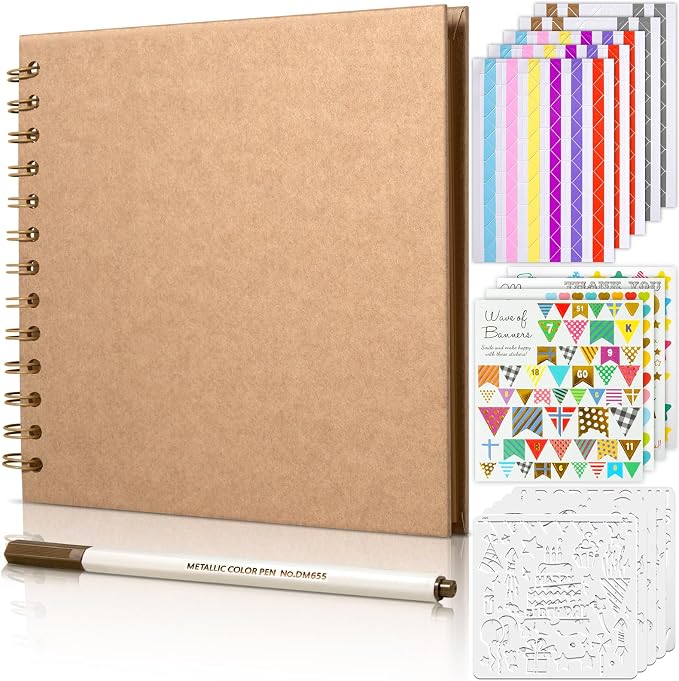 GOTIDEAL 8 x 8 Inch Scrapbook Album with Metallic Markers, Yellow, 40 Pages | Kraft Paper Photo Albums for Wedding & Anniversary, Family DIY Scrap Books with Scrapbooking Stickers Corners