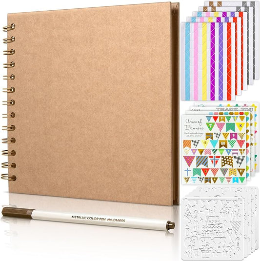 GOTIDEAL 8 x 8 Inch Scrapbook Album with Metallic Markers, Yellow, 40 Pages | Kraft Paper Photo Albums for Wedding & Anniversary, Family DIY Scrap Books with Scrapbooking Stickers Corners