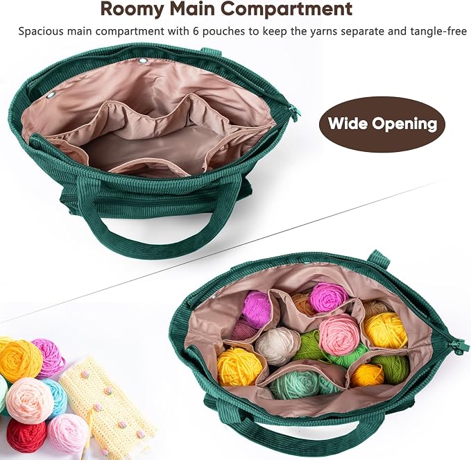 MYBAGZING Large Yarn Tote Organizer – Corduroy Knitting Storage Holder for Yarn, Hooks & Accessories, Portable Craft Carryall for Crocheting Lovers, Mother’s Day Gift