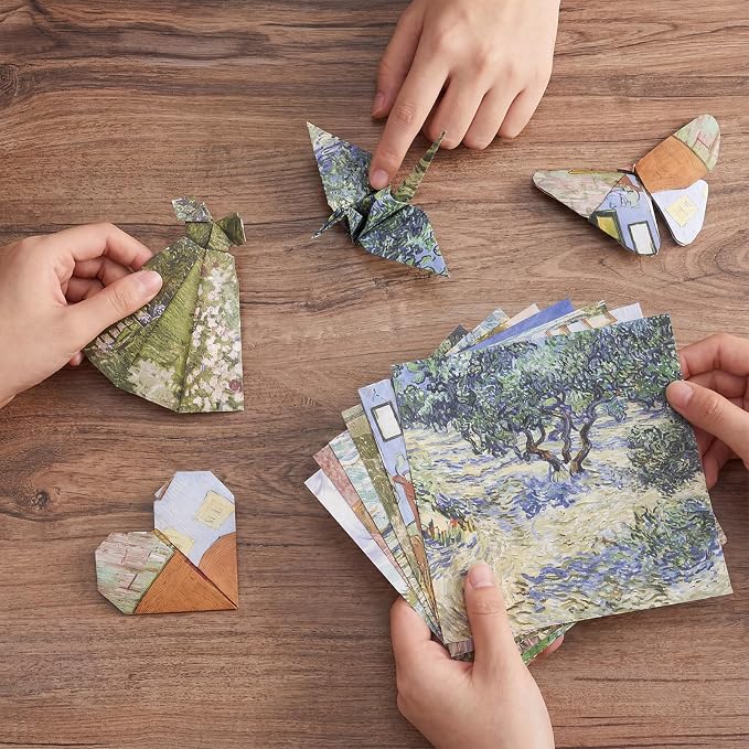 JoyCat Van Gogh Patterned Origami Paper, 50 Double-Sided Sheets, 6x6 Inch | Starry Night and sunflower-inspired designs bring bold Post-Impressionist color to origami, cards and creative paper crafts.