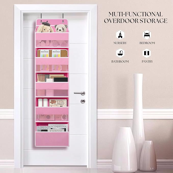 TYMENSH Pink Over Door Organizer with 5 Large Clear Pockets and 6 Side Mesh Pockets, Anti-Tilt Hanging Door Storage for Nursery, Bedroom, Bathroom, Closet, Toys, Baby Essentials