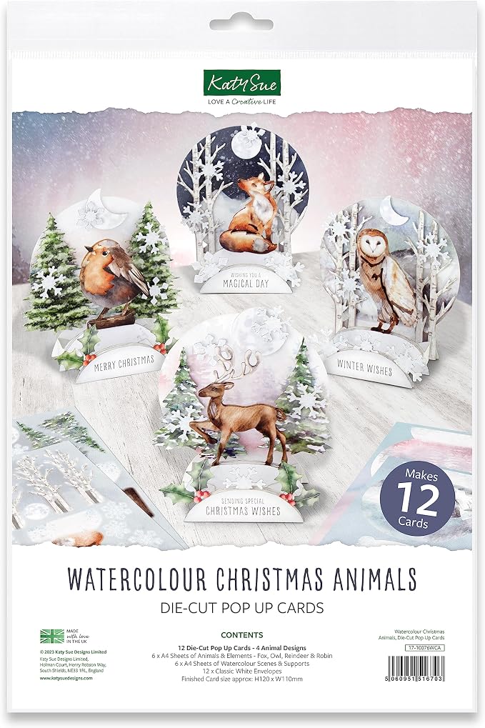 Katy Sue Watercolor Christmas Animals Die-Cut Pop-Up Card Making Kit for Adults. Makes 12 Cards with Festive Animals. Contains 12 Cards, 12 Sheets of Elements, & 12 Envelopes for Card Making Supplies