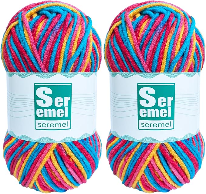 2 Pcs （2 * 48g/2 * 142yards） Crochet/Knitting Rainbow Yarn,Multicolor Variegated 100% Acrylic Yarn,Crochet Yarn for Beginners,Soft Yarn for Crocheting Blanket and Handicraft Project (Blue red Yellow)