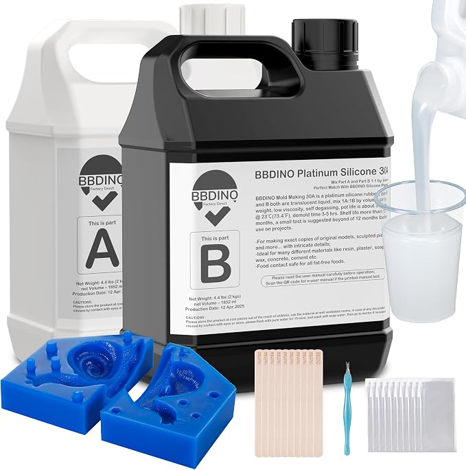 BBDINO Silicone Mold Making Kit 30A Platinum Liquid 1 Gallon Translucent | 1A:1B Mixing 3h Quick Cure Heat Resistant 446F Silicone Ideal for Mold Casting of Resin/Jewelry/Candle/Concrete/Plaster