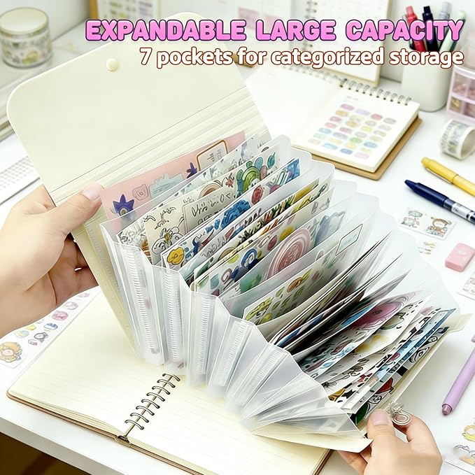 Sticker Storage Organizer with 7 Expandable Pockets, A6 Multi-Layer Desktop Sticker Binder for Scrapbook Essentials and Journal Organizer, Large Capacity for Thick Sticker Album, Washi Tape(Cream)