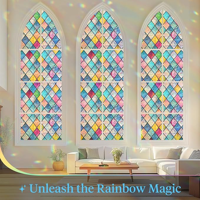 Haton Stained Glass Winodw Film, Rainbow Lattice Stickers, 17.5" x 78.7"