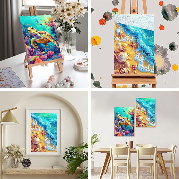 2 Pack Sea Turtle Framed Paint by Numbers Kit for Adults Beginner 8x12 inch | Beach Adult Paint by Number Kits on Canvas with Wooden Easel, Easy Acrylic Oil Painting Kits for Adults for Gift Home Decor