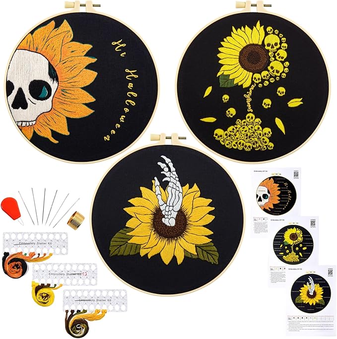 Halloween Gothic Embroidery Kits for Beginners Adults, Skull Hand Embroidery Needlepoint Kits, Sunflower Stamped Cross Stitch Kits for Beginners Adult, 3 Set Embroidery Hoops (Attached Video Tutorial)