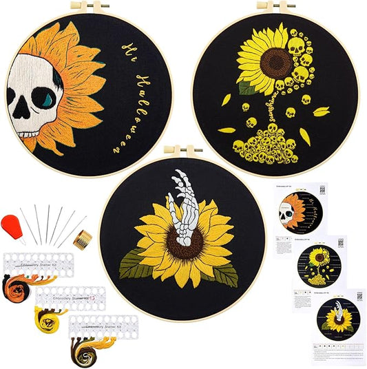 Halloween Gothic Embroidery Kits for Beginners Adults, Skull Hand Embroidery Needlepoint Kits, Sunflower Stamped Cross Stitch Kits for Beginners Adult, 3 Set Embroidery Hoops (Attached Video Tutorial)