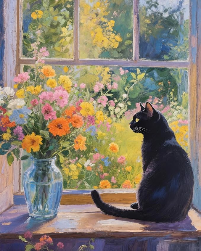 Black Cat Paint by Numbers Kit for Adults Beginner,Cat on Windowsill Paint by Number Kits for Adult,Unframed Window Scenery Digital Oil Painting Art Crafts Kit for Home Decor Gifts 16X20 Inch.