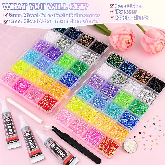2 Boxes Resin Rhinestones with Tweezers for Crafting, 30000Pcs Mixed-Color 3mm&4mm Bedazzling Crystal with 3Pcs 10ml B7000 Jewelry Glue for DIY Crafts Clothing Tumblers Shoes Fabric Nail Art