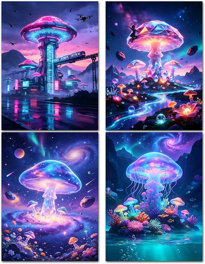 DOZEEZOP 4-Pack Diamond Art Kit for Adults, 5D Diamond Painting 12x16 Inch | Mushroom pictures, Full Round Drills, Home Wall & Shelf Decor, Beginner-Friendly DIY Craft, Stress Relief, All-Occasion Gift