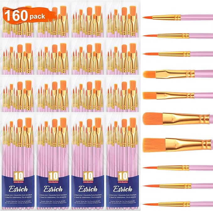 ESRICH 160PCS Pink Paint Brushes, Paint Brush for Acrylic Painting | Artist Paintbrushes for Oil Watercolor, Body Face Rock Canvas, Small Paint Brushes for Kids