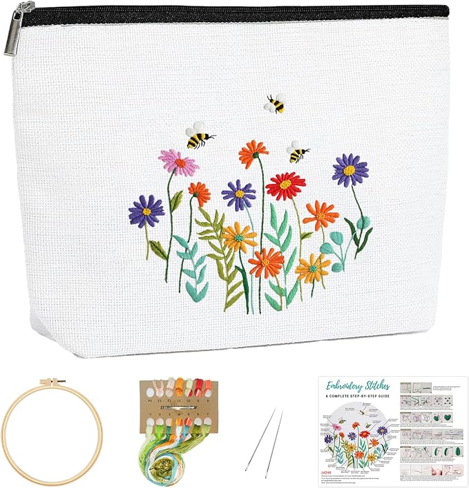 Louise Maelys Embroidery Kit for Beginners Wildflower Canvas Makeup Bag