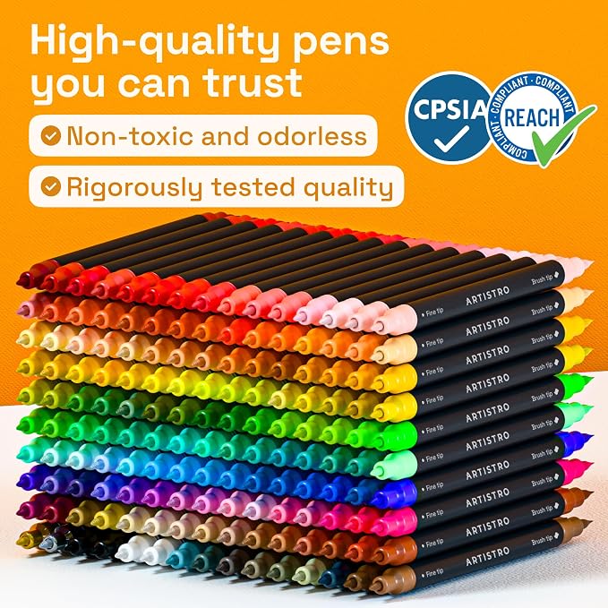 ARTISTRO 150 Acrylic Dual-Tip Glass Marker Pens for Wine Glasses | Brush + Fine Tips Vibrant Dual Tip Paint Pens for Party Charms, DIY, Craft - Art and Craft Supplies for Adults, Teens, Kids