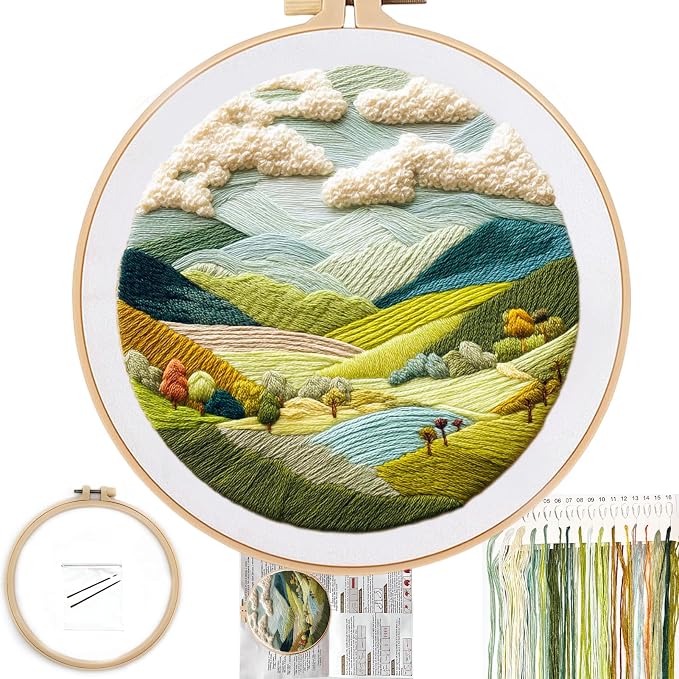 FONNUY Embroidery Kit for Beginners, Nature Hills Landscape Pre-Stamped Pattern Kits for Adults with Hoop, Easy to Follow Color Thread Needlework, 8'' Hoop (Rolling Mountains)