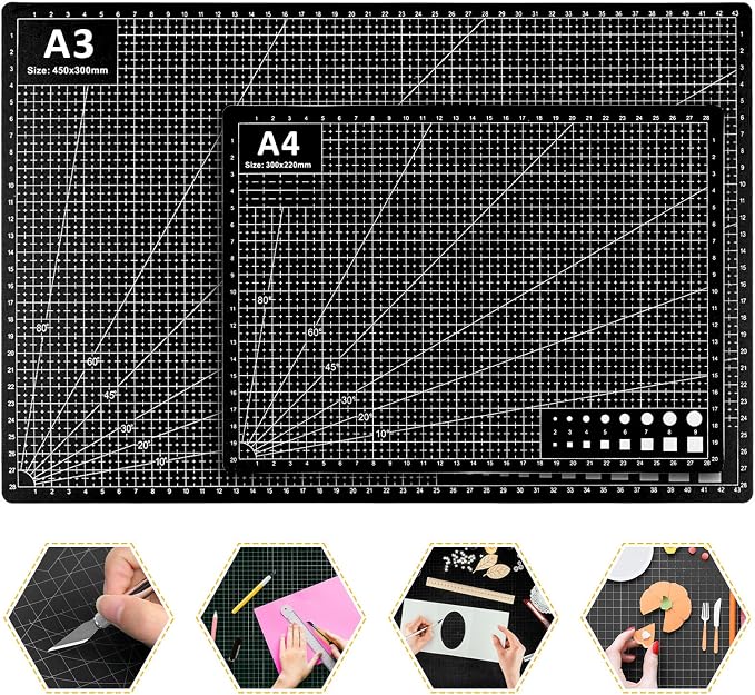 2 Pcs Large Cutting Mat Self Healing,Double Sided,Grid Line And Angles Help To Cut Precisely,Craft Mats for Scrapbooking, Quilting, Sewing and All Arts,Non Slip & Easy Clean ((A3 & A4 Black)