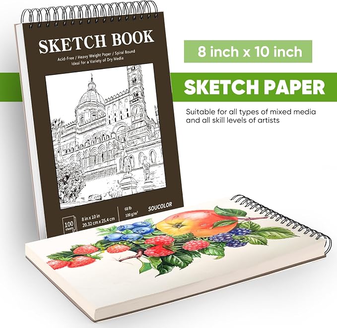 Soucolor 8x10 Sketch Book, 100 Sheets, 68lb Acid-Free Spiral Bound Pad | 68lb acid-free paper, no bleed-through, lay-flat spiral binding — perfect for kids, students & artists. Portable 8x10 size