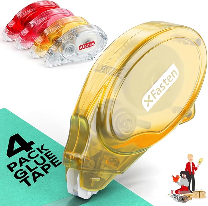 XFasten Double Sided Tape for Scrapbooking, 8mm x 30ft 4-Pack Multicolor Adhesive Tape Roller Runner, Jam-Free Craft Tape Ideal Scrapbook Album Kit