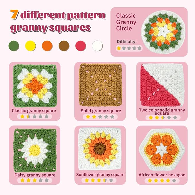 SGIBYN Granny Squares Crochet Kit for Advanced Beginners with Video