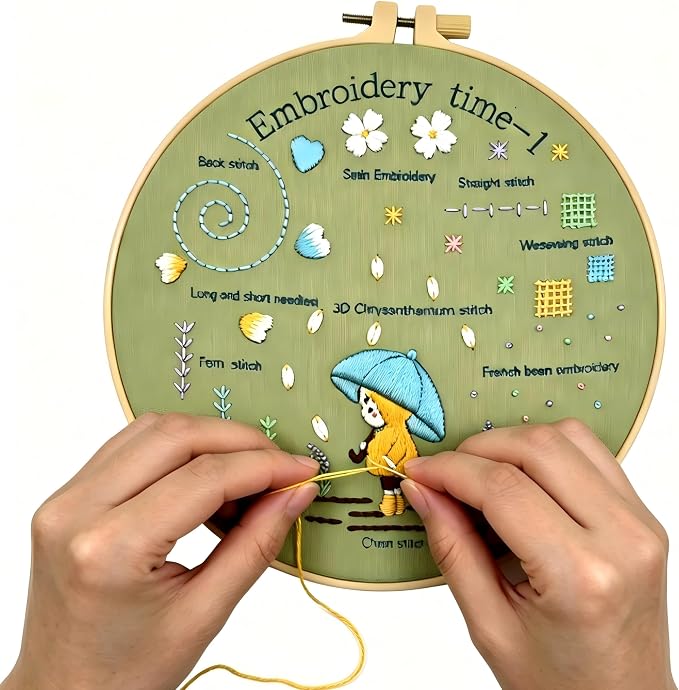 CHIYOSING Embroidery Kit for Beginners Adults, 3 Stages to Learn Over 30 Different Stitches,Includes Step-By-Step Instructions Sharp Scissors and 2 Exquisite Hairpins and Multiple Accessories
