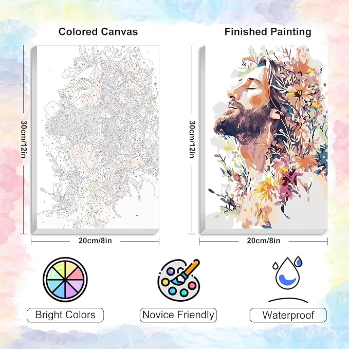 Yezavesu Framed Paint by Numbers Kit for Adults Beginner & Kids Ages 8-12, Jesus Paint by Numbers with Frame, DIY Number Painting for Adults Colorful Flowers for Home Wall Decor Gift 8X 12 inch | With Frame Canvas 8x 12 inch, DIY Acrylic Painting by Nu...